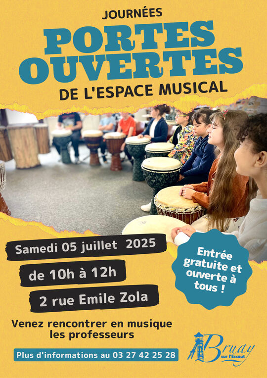Flyer représentant des enfants jouant du Tam-Tam avec les informations suivantes : 

Journée portes ouvertes de l'espace Musical
Samedi 05 Juillet 2025
De 10h à 12h
2 rue Émile Zola

Entrée gratuite et ouverte à tous!
Venez rencontrer en musique les professeurs

Plus d'informations au 03 27 42 25 28