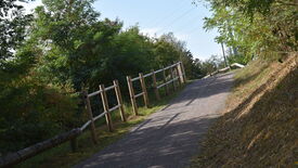 L’image montre un chemin pavé en pente ascendante. Sur la gauche, une clôture en bois composée de poutres verticales et horizontales longe le chemin. De chaque côté, la végétation est dense, avec des arbres et des buissons. À l’arrière-plan, des lignes électriques suivent le tracé du chemin. Le ciel est partiellement nuageux, laissant apparaître des zones de ciel bleu à travers le feuillage.