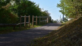L’image montre un chemin pavé légèrement incliné, bordé à gauche par une clôture en bois. Le chemin est entouré d’une végétation dense, composée d’arbres et de buissons. À l’arrière-plan, on aperçoit des poteaux électriques. Aucun véhicule ni piéton n’est visible sur le chemin, qui semble mener vers une zone encore plus boisée.